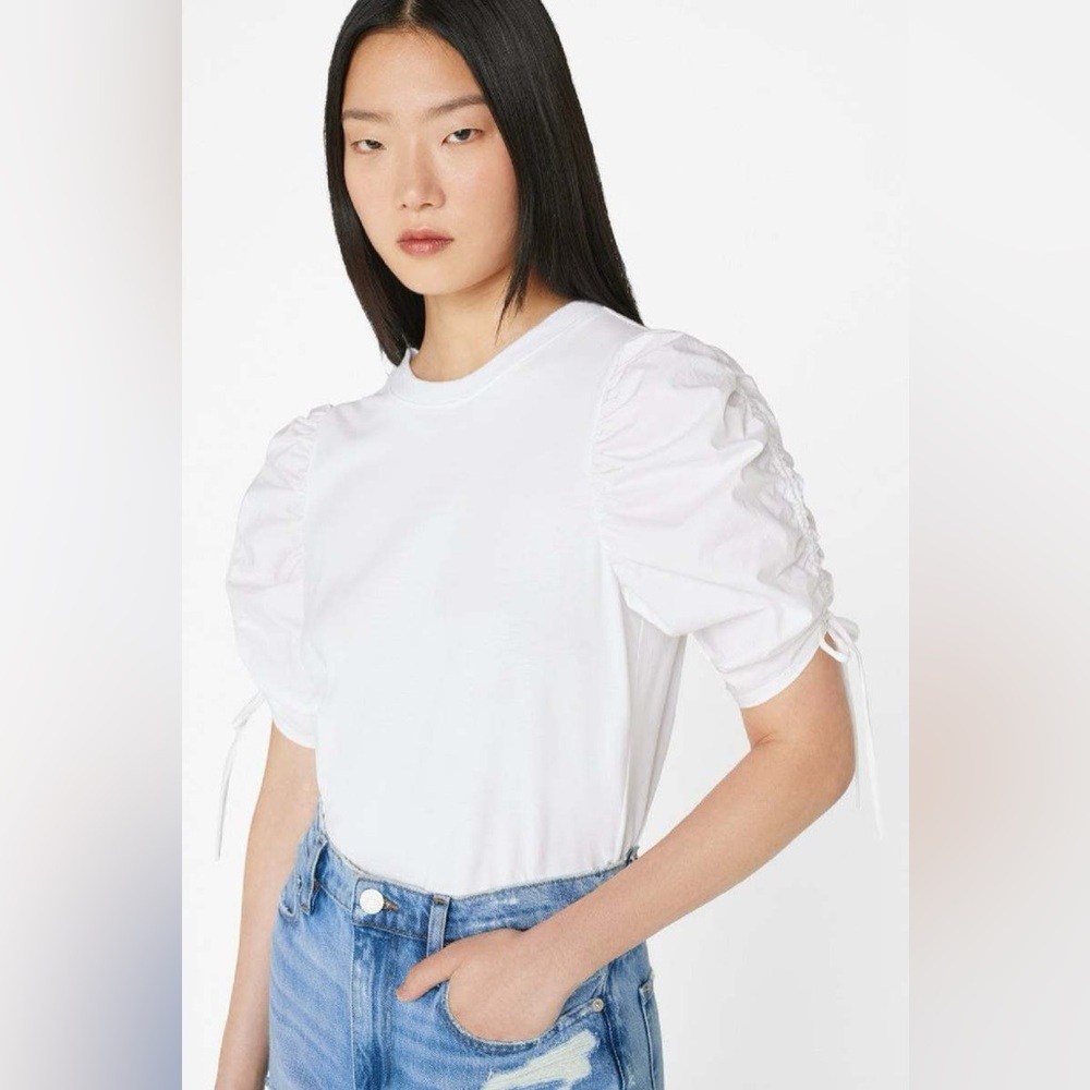 FRAME Denim Ruched Tie Sleeve Cotton T Shirt White S